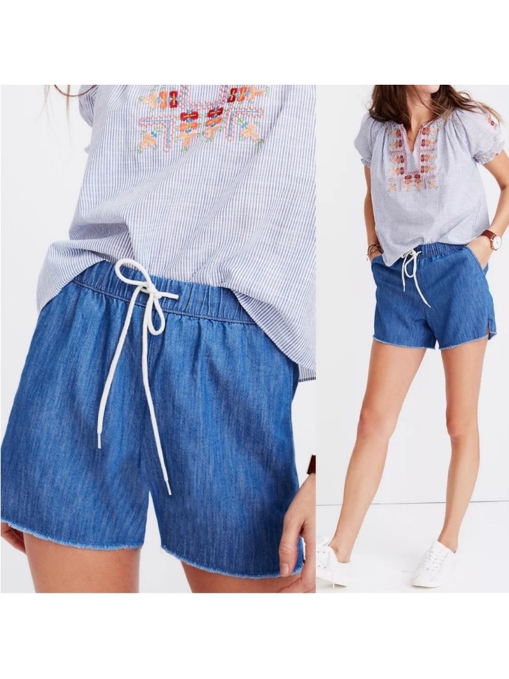 Madewell Chambray Pull-On Drawstring Shorts, Raw Hem/Cut-Off